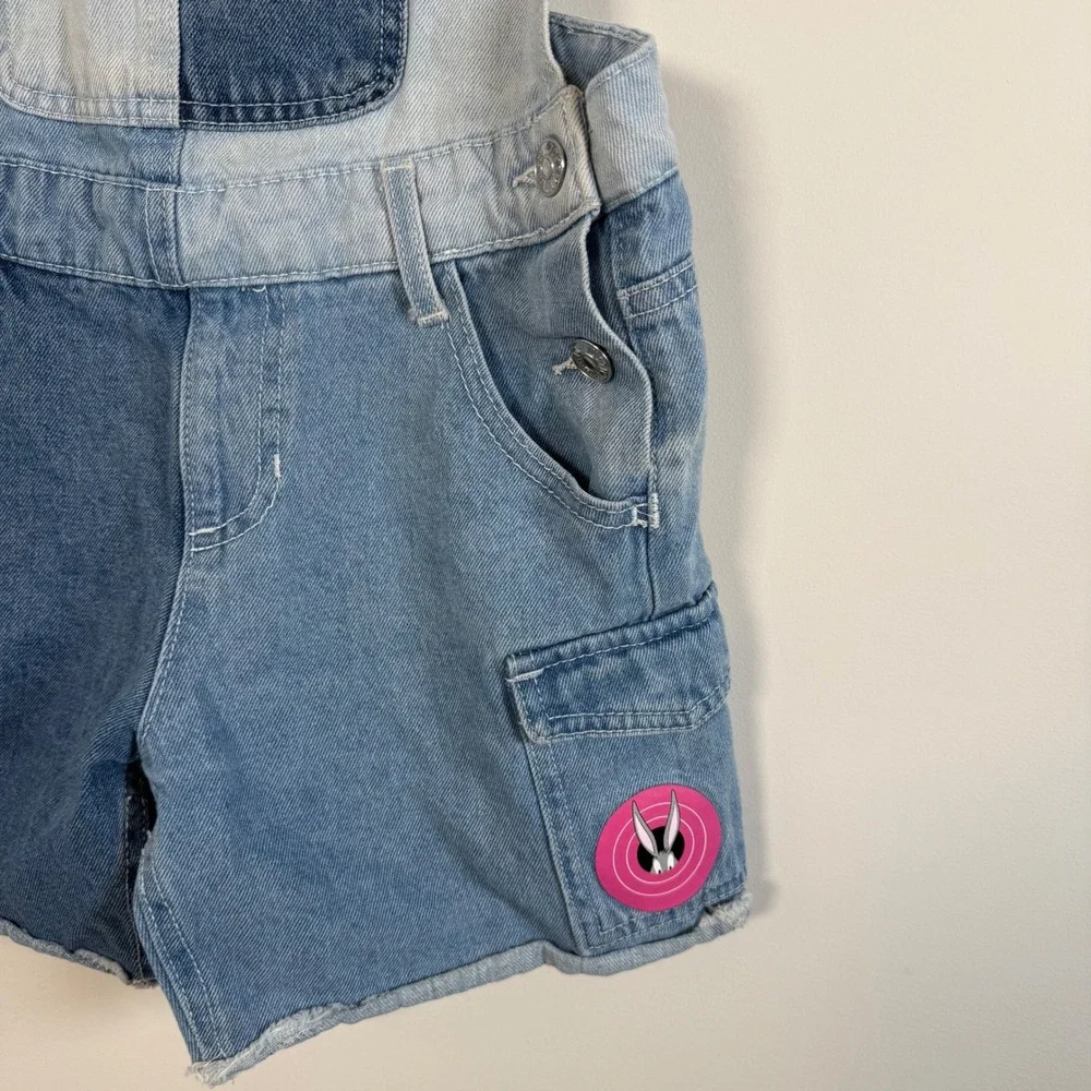 Justice Looney Tunes Denim Shortalls Kids Size 12 Blue Colorblock Patchwork